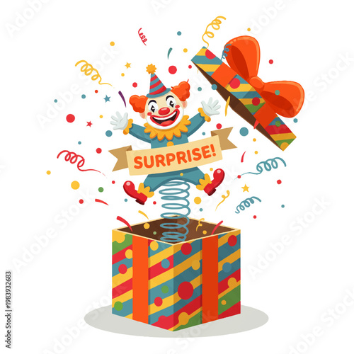 A colorful cartoon clown jumping out of a gift box with confetti and a surprise banner