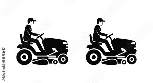 Two lawnmower riders depicted in a stark black silhouette