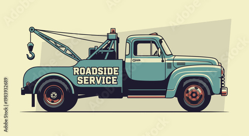 A retro-style vector illustration of a classic teal tow truck with roadside service lettering, perfect for vintage automotive branding.