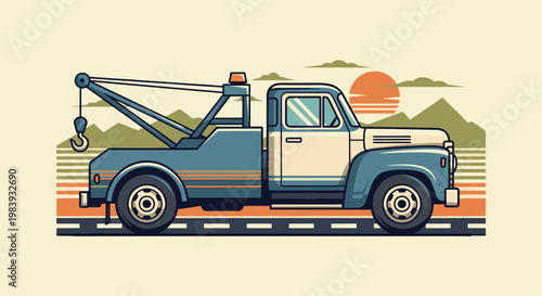 A stylized flat vector illustration of a classic vintage tow truck driving against a scenic mountain sunset background.
