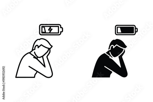 Man feeling exhausted with low battery symbol, representing fatigue and burnout, vector illustration