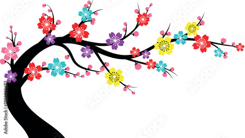 Colorful Flowering Tree Illustration, Vibrant Cherry Blossom Tree with Pink, Yellow, and Blue Blossoms in Stylized Design