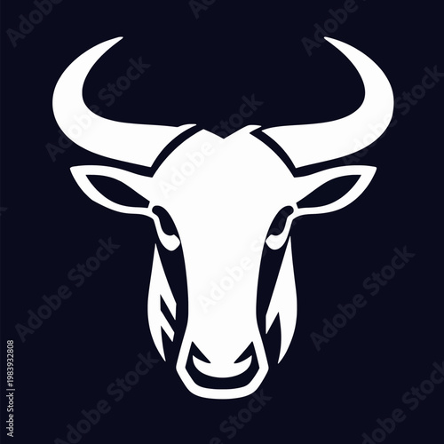 Minimalist flat vector illustration of a single white wildebeest head silhouette, bold tribal African gnu icon, powerful animal mascot isolated on dark background, wildlife nature concept.