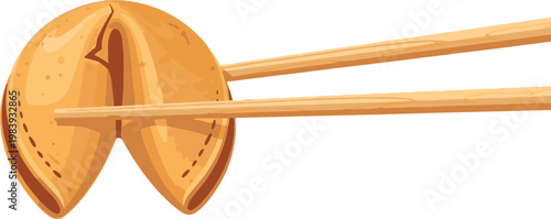 Detailed vector illustration of a traditional Chinese fortune cookie being held with wooden chopsticks, isolated on a white background. Perfect for food and cultural themes.