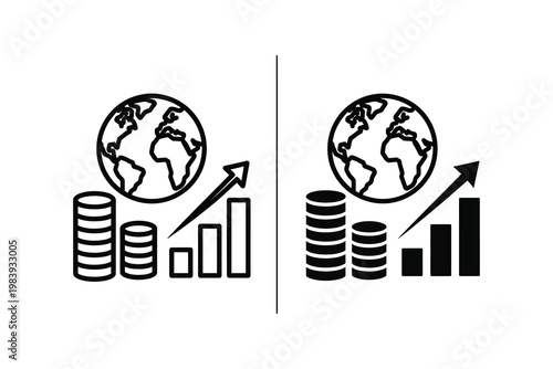 Global financial growth with coin stacks and upward bar graph vector illustration