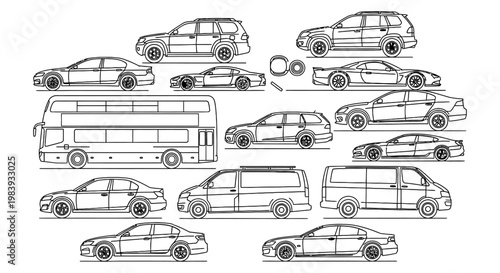 detailed line art vector illustration of diverse types of passenger vehicles including cars suvs vans and a double-decker bus
