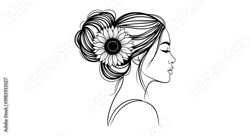 a graceful woman in profile featuring a sunflower in her messy bun illustrating natural beauty and serene elegance.