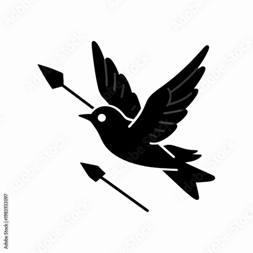 Minimalist Black and White Flat Vector Illustration of a Gothic Swallow Bird Pierced by an Arrow, Traditional Tattoo Style Graphic Isolated on White for Edgy Emo and Alternative Design Concepts