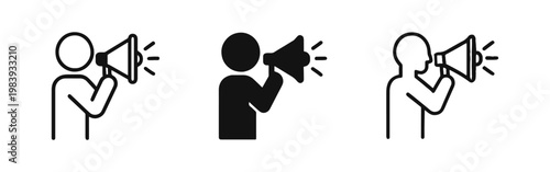 Person with Megaphone Making Announcement Icon Set in Outline Solid and Hand-Drawn Styles