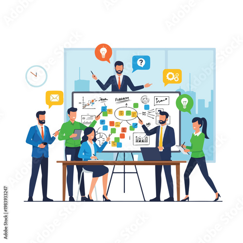 Business people discussing on whiteboard.