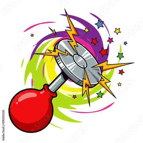 A cartoon illustration of a red rubber mallet with a silver head striking a surface with lightning bolts and colorful stars