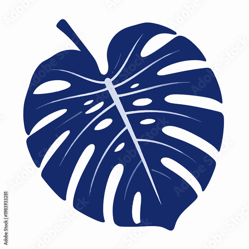 Flat vector illustration of a single navy blue Monstera deliciosa leaf, minimalist tropical botanical foliage for summer design, isolated on white background, elegant Swiss cheese plant leaf icon.