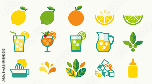 Fresh fruit and juice icons collection.