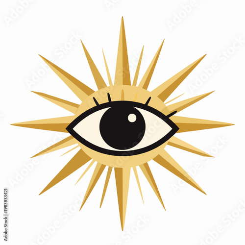 Mystical Golden Sunburst Eye Icon, Minimalist Occult Vector Illustration of a Single Celestial Eye of Providence Symbol for Spiritual Branding and Esoteric Concept Art on White Background