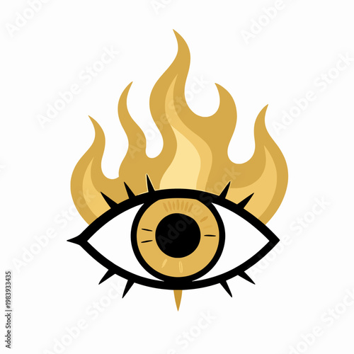 Mystical Golden Burning Eye Illustration, Elegant Minimalist Vector Art of a Single Flaming Occult Vision Symbol, Spiritual Wisdom and Providence Concept, Isolated on White Background.