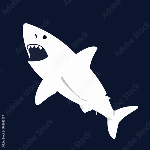 Minimalist flat vector illustration of a single white shark with open jaws, powerful marine predator silhouette, aquatic wildlife concept, isolated on dark blue background.
