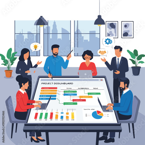 Business people discussing project data.