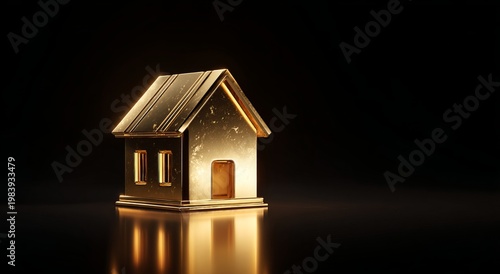 Golden house model on black background with reflection real estate investment luxury property concept 3D render