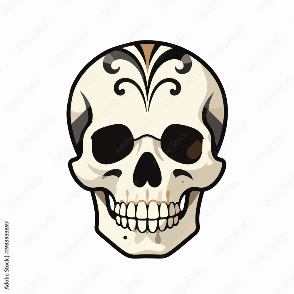 Fototapeta premium Vintage Flat Vector Illustration of a Single Ornamental Human Skull with Intricate Filigree and Flourishes, Minimalist Tattoo Flash Art Style with Copper and Charcoal Tones, Isolated on White