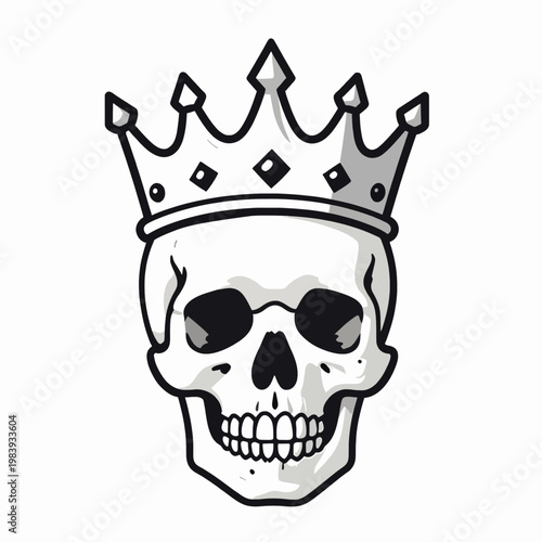 A single human skull wearing a spiked royal king crown in a minimalist flat vector etching style, symbolic of mortality and power, isolated on white background for graphic design concepts.