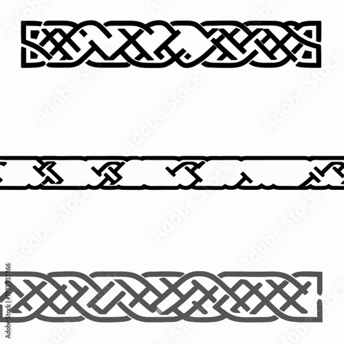 Minimalist black and white Celtic knot border element, flat vector illustration of an interlaced geometric pattern for decorative frames, isolated on white background, traditional Nordic design.