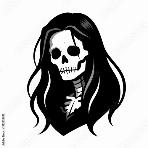 Flat Vector Illustration of a Single Undead Woman with Long Flowing Hair and Skeletal Face, Gothic Macabre Concept, Black and White Horror Art, Isolated on White Background
