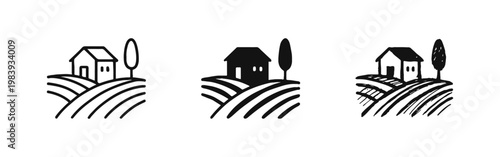 Country House and Rural Landscape Icon Set in Outline Solid and Hand-Drawn Styles