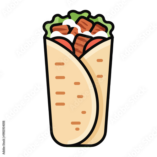 A clean and vibrant flat vector illustration of a shawarma or doner kebab wrap. The roll features grilled meat chunks, fresh green lettuce, sliced red tomatoes, and creamy white sauce wrapped tortilla