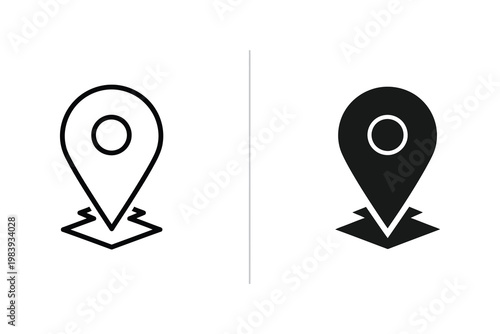 Set of two map pin location icons, outline and solid fill, on abstract layered ground vector illustration