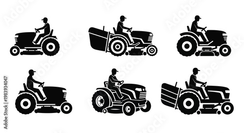 Various lawn mower designs presented as a black graphic silhouette
