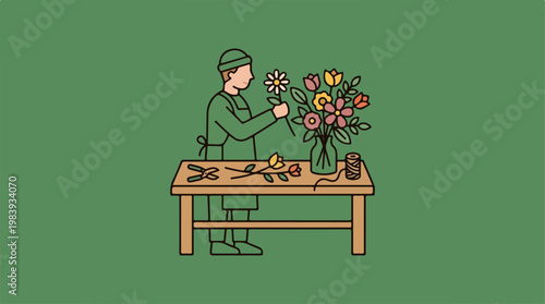 Man arranging flowers on table.