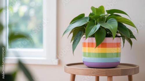 Vibrant rainbow striped pot with lush green philodendron plant on wooden stool near window