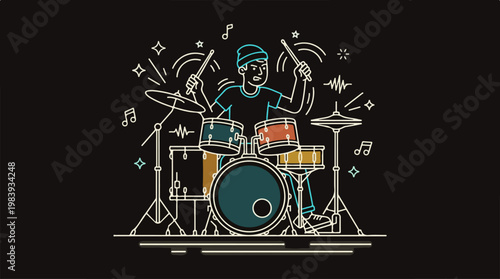 Man Playing Drums Energetically Alone.