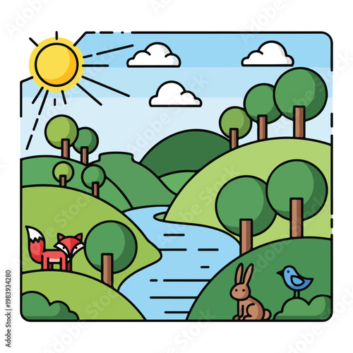 Cartoon Fox and Rabbit Friends Nature.