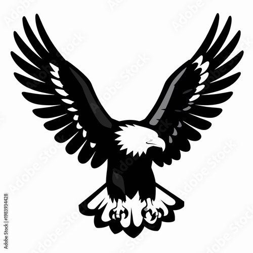 Stunning flat vector illustration of a single majestic bald eagle with spread wings, powerful American bird of prey in a symmetrical landing pose, minimalist wildlife graphic isolated on white.