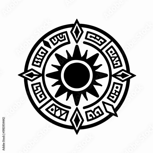 Intricate black and white Polynesian tribal tattoo motif, circular geometric sunburst design with indigenous cultural symbols for shoulder or chest placement, flat vector art on white background.
