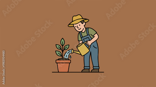 Man watering potted plant.