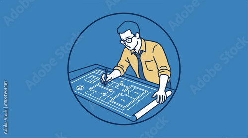 Man Working on Blueprint Plans.