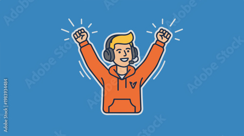 Man wearing headphones celebrating.