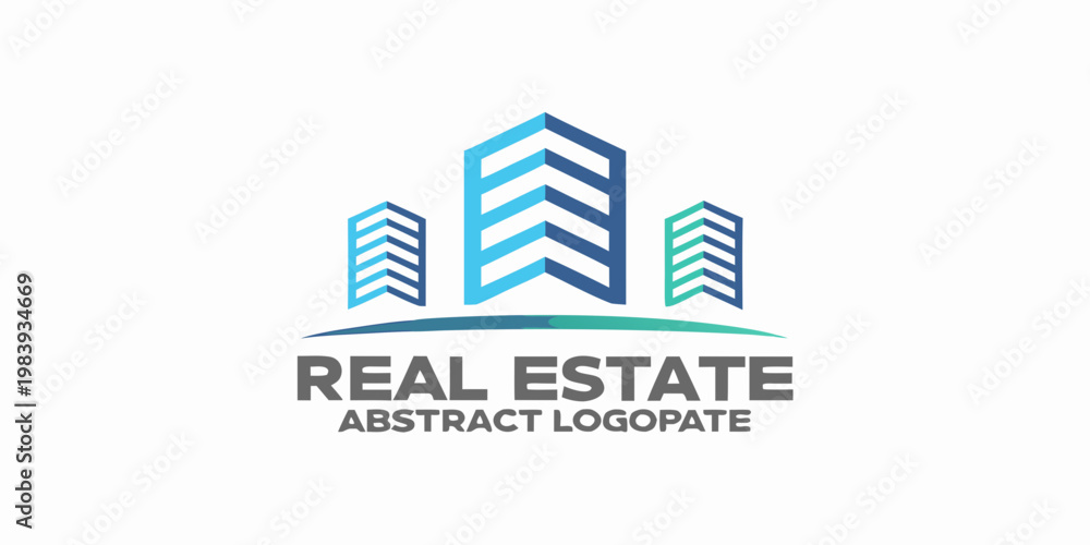 Obraz premium Abstract logo design featuring stylized buildings over a blue wave