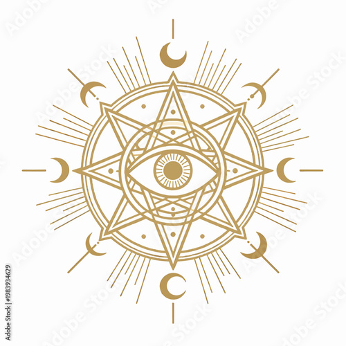 An intricate gold mystical pentagram with an eye and crescent moons, representing sacred geometry, esoteric magic, and celestial symbols.