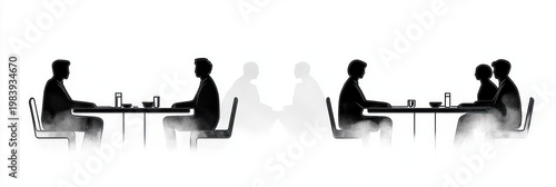 monochrome silhouettes of people seated across diner tables with cups and bowls and ghostly mirrored reflections conveying quiet, contemplative social moments