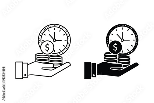 Hand holding stack of coins and clock with dollar sign, time is money concept vector illustration
