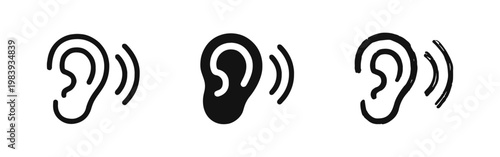 Hearing Ear Icon with Sound Waves Set in Outline, Solid, and Hand Drawn Doodle Styles