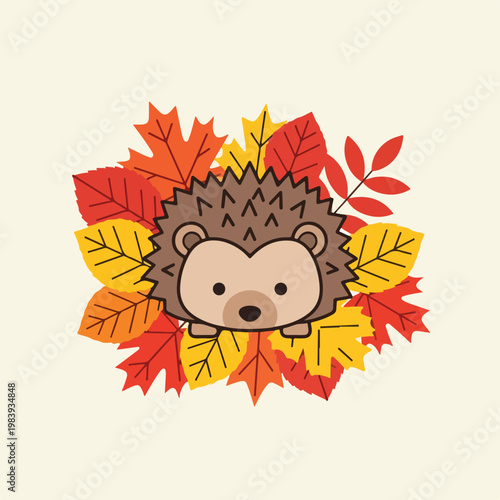 Cartoon hedgehog in autumn leaves.