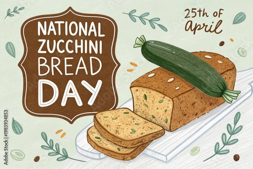 This delightful illustration celebrates national zucchini bread day on the twenty-fifth of april, featuring a beautifully baked loaf of moist, homemade zucchini bread adorned with a fresh green zucchi