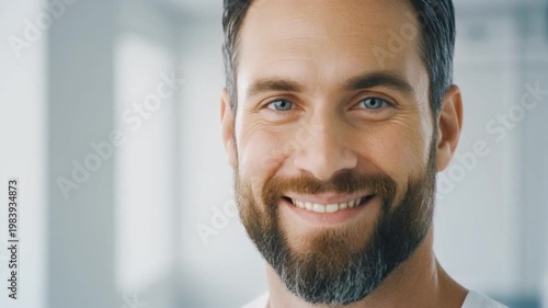 Smiling man with beard looking at camera in office