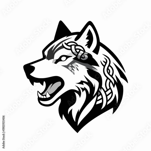 Intricate Norse Mythology Fenrir Wolf Head Illustration, Flat Vector Viking Totem with Celtic Knotwork Details, Tribal Animal Spirit Symbol Isolated on White Background for Graphic Design