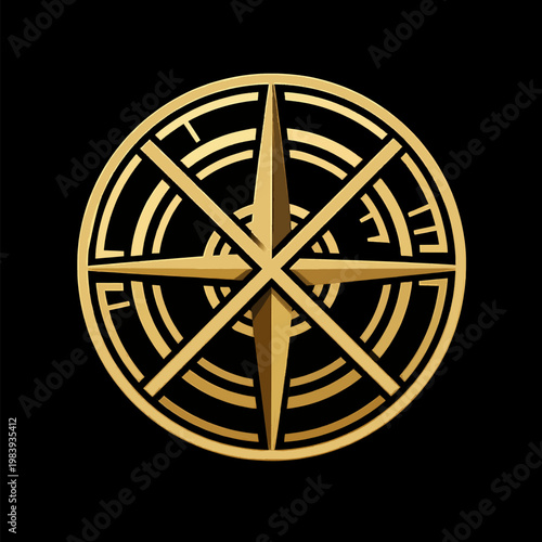 Golden Norse Aegishjalmur Helm of Awe Symbol, Intricate Viking Runic Geometry Flat Vector Illustration for Occult and Mythology Concepts, Isolated Metallic Gold Icon on Black Background