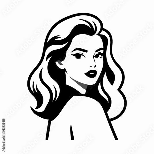 Elegant Young White Woman with Voluminous Wavy Hair in Vintage 1950s Style, Minimalist Flat Vector Illustration of a Sophisticated Female Character Looking Over Her Shoulder, Isolated on White